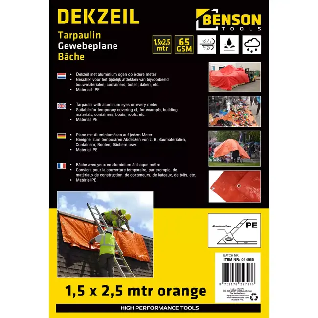 Benson Oranje dekzeil - 1,5 x 2,5 m - Mesh 7x7 - PE 65GSM