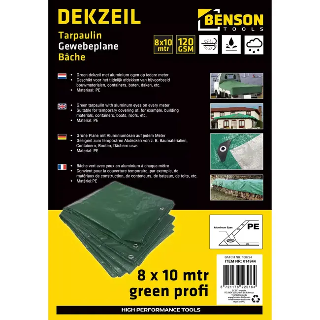 Benson Groen dekzeil 8x10 m - Weerbestendig - PE 120GSM - Versterkte hoeken
