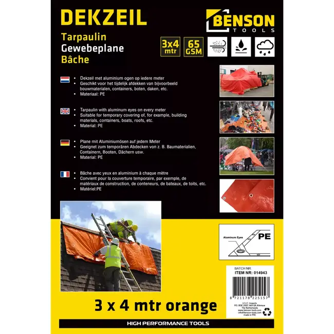 Benson Oranje dekzeil - 3x4 meter - Mesh structuur - PE 65GSM
