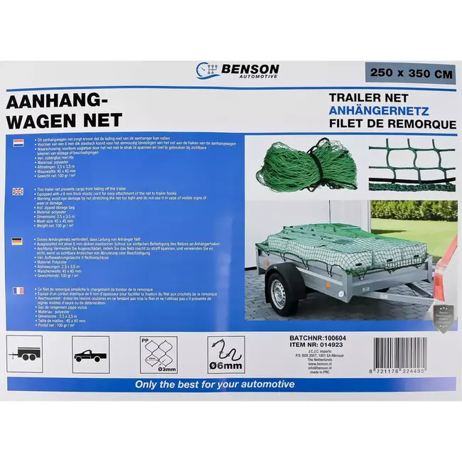 Benson Aanhangernet - 2,5 x 3,5 m - Elastisch koord - Polyester - Inclusief opbergtas