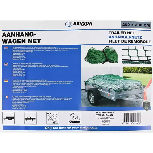 Benson Aanhangwagennet - 2,0 x 3,0 m - Elastisch koord - Polyester - Inclusief opbergtas