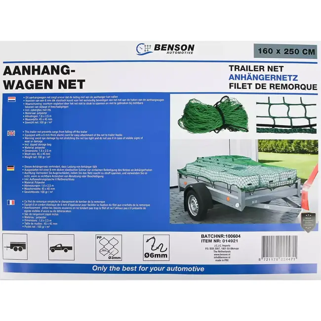 Benson Elastisch aanhangernet - 1,6 x 2,5 m - Polyester - Inclusief opbergtas