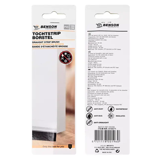 Benson Tochtstrip borstel - 100 cm - transparant PVC - zelfklevend - inkortbaar