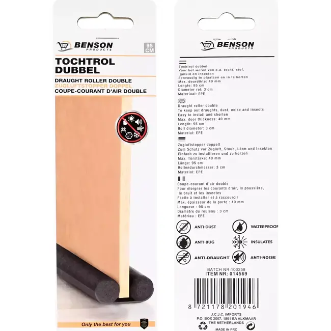 Benson Dubbele tochtrol - 95 cm - grijs - eenvoudig aanpasbaar - effectieve isolatie