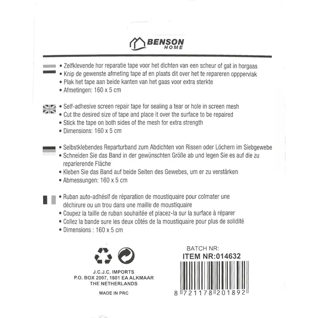 Benson Zelfklevende hor reparatietape - Wit - 160x5 cm - Eenvoudig op maat te knippen - Sterke hechting