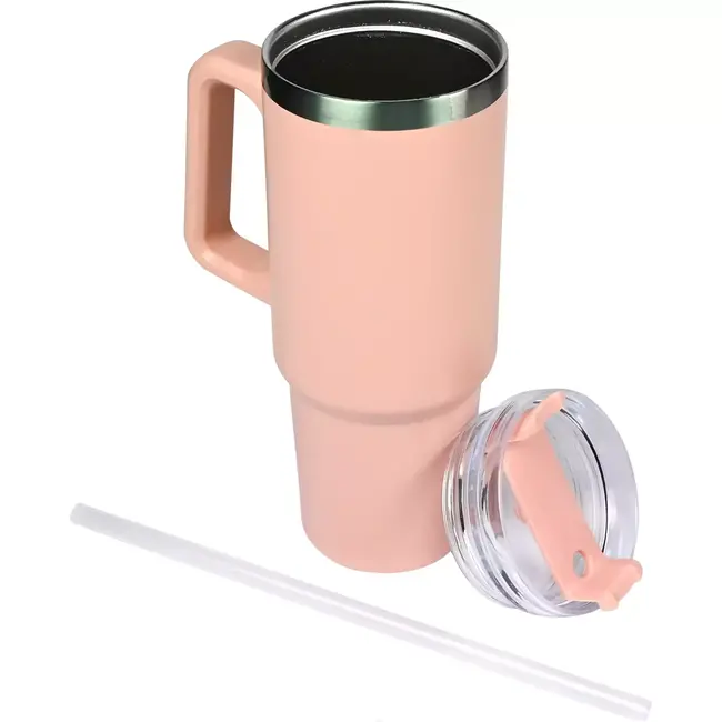 Benson Thermosbeker 900 ml - Dubbelwandig - Roze - Inclusief Rietje - Geschikt voor Auto