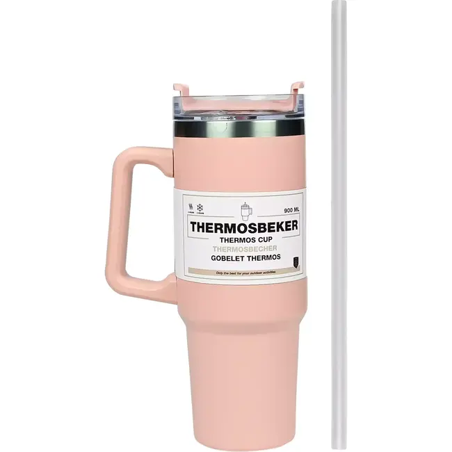 Benson Thermosbeker 900 ml - Dubbelwandig - Roze - Inclusief Rietje - Geschikt voor Auto