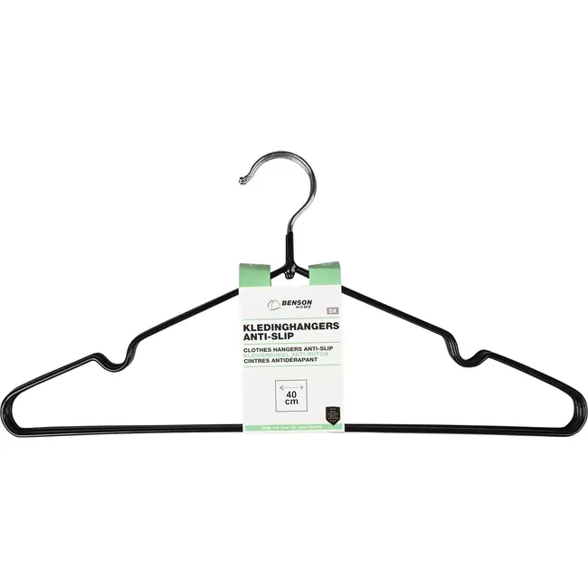 Benson Metalen kledinghangers - anti-slip coating - set van 5 - zwart - 40 cm breed
