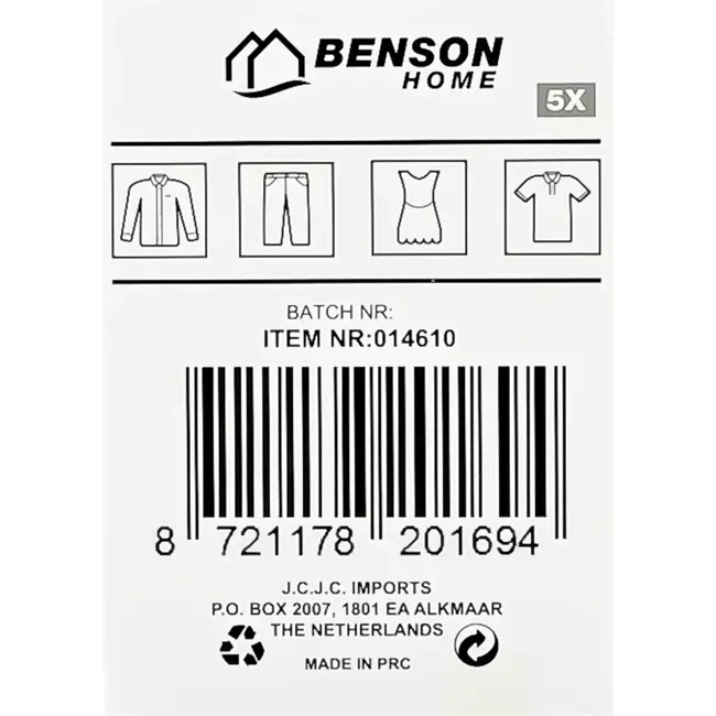 Benson Metalen kledinghangers - anti-slip coating - set van 5 - zwart - 40 cm breed