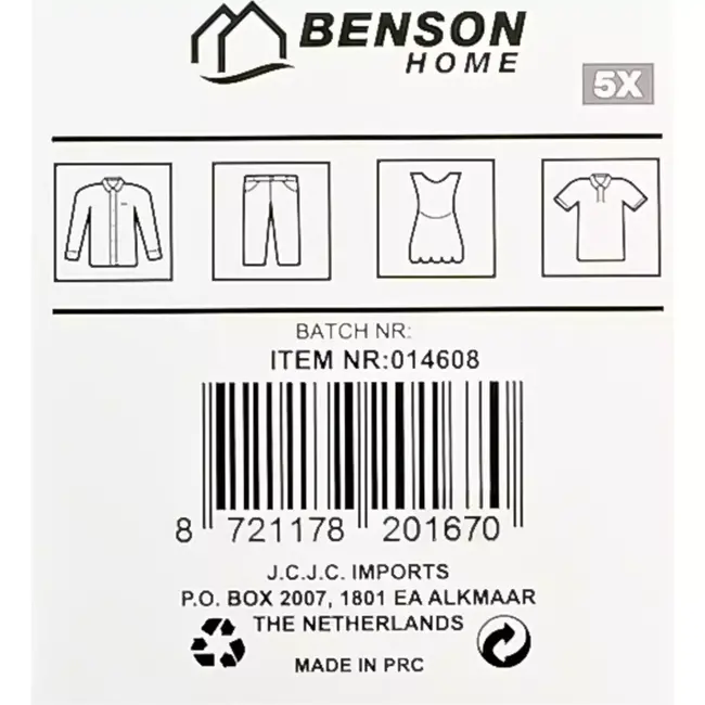 Benson Kunststof kledinghangers - 5 stuks - zwart - 360° draaibare haak - 40,5 cm breed