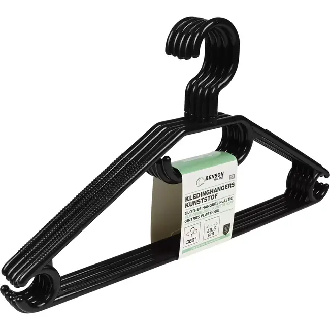 Benson Kunststof kledinghangers - 5 stuks - zwart - 360° draaibare haak - 40,5 cm breed