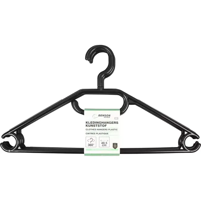 Benson Kunststof kledinghangers - 5 stuks - zwart - 360° draaibare haak - 40,5 cm breed