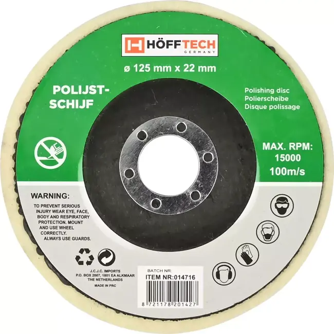 Benson Polijstschijf voor haakse slijper - ø125 mm - Vilten vilt - Max. 15.000 RPM - Asgat 22 mm