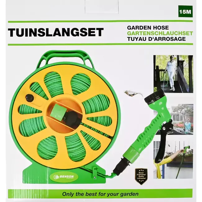 Benson Compacte tuinslangset - 15 m - Weerbestendig - Knikvrij - Inclusief sproeikop met 7 standen