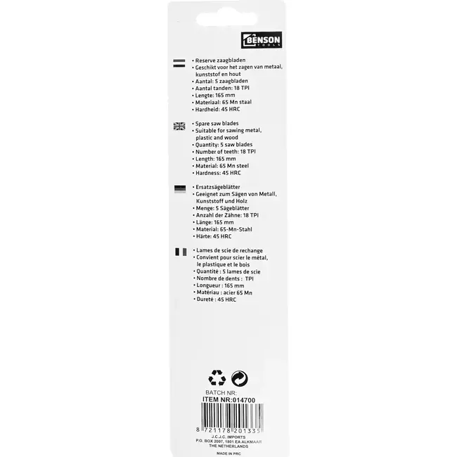 Benson Zaagbladen - 165 mm - Set van 5 - Geschikt voor junior zaagbeugels