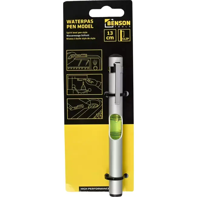 Benson Waterpas pen met clip - Aluminium - Compact en licht - 13 cm