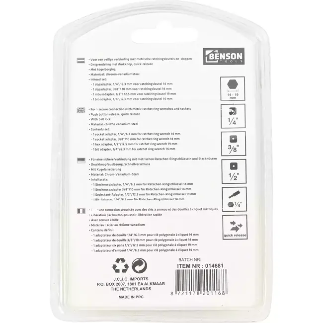 Benson Adapterset voor ratelringsleutel - 4-delig - Chroom-vanadiumstaal - Quick-release - Kogelborging