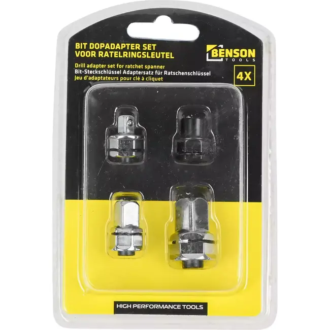 Benson Adapterset voor ratelringsleutel - 4-delig - Chroom-vanadiumstaal - Quick-release - Kogelborging
