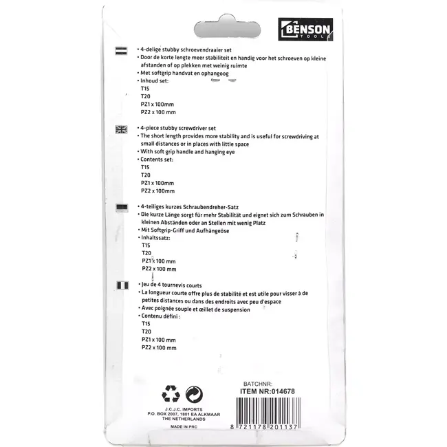 Benson Stubby schroevendraaierset - 4-delig - Softgrip - Compact ontwerp - Ophangoog