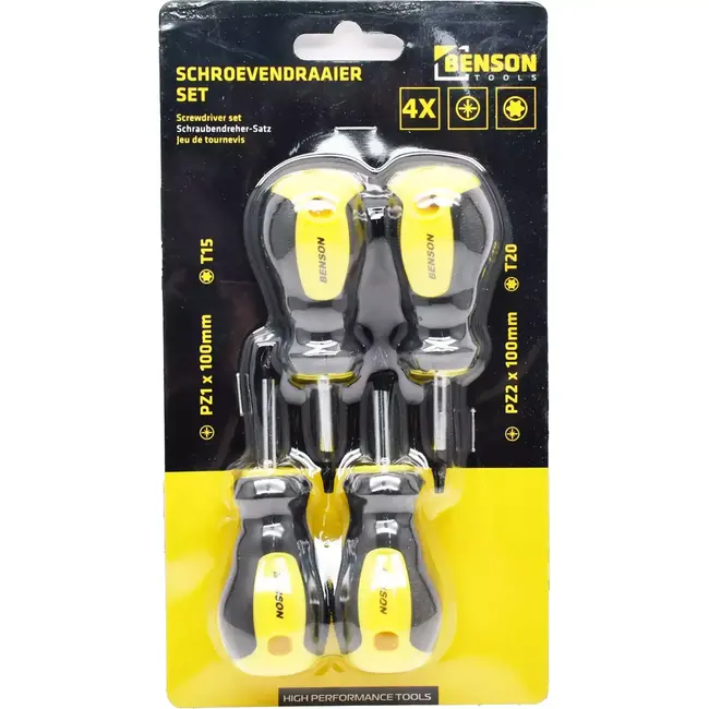 Benson Stubby schroevendraaierset - 4-delig - Softgrip - Compact ontwerp - Ophangoog