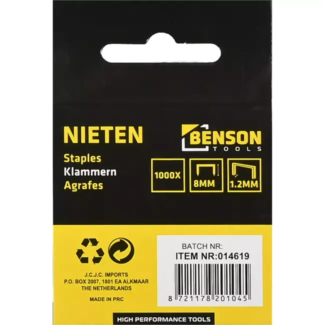 Benson Nieten voor nietmachine - 8 mm lengte - 1,2 mm dikte - 1000 stuks - veelzijdig gebruik