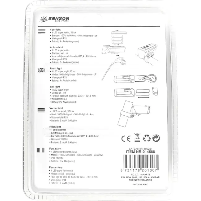 Benson LED fietslamp set - helder licht - waterbestendig - inclusief batterijen