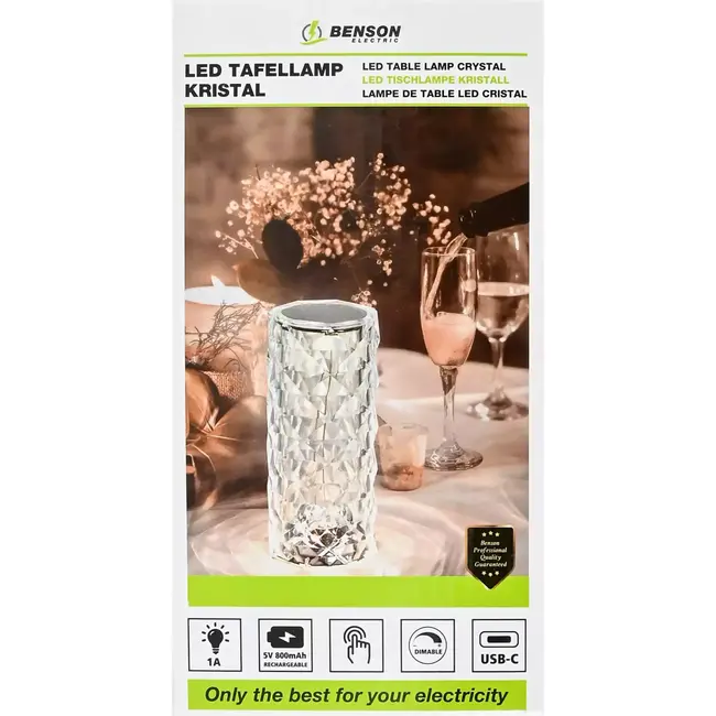 Benson Oplaadbare kristallen tafellamp - 3 kleuren - 15 cm - USB Type-C - Dimbaar