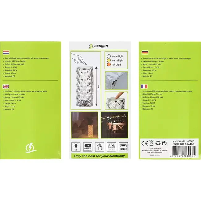 Benson Oplaadbare kristallen tafellamp - 3 kleuren - 15 cm - USB Type-C - Dimbaar