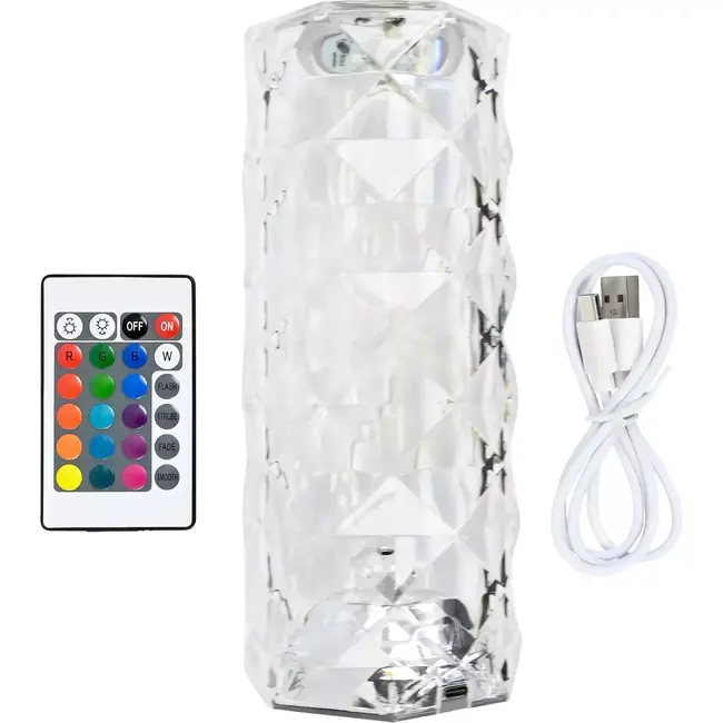 Benson Oplaadbare kristallen tafellamp - RGB kleuren - Afstandsbediening - 21 cm - Inclusief USB-C kabel