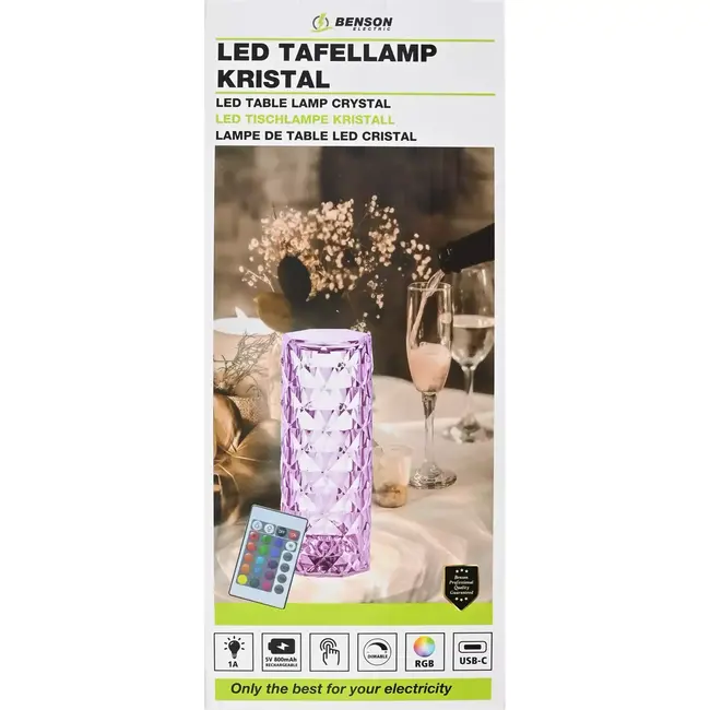Benson Oplaadbare kristallen tafellamp - RGB kleuren - Afstandsbediening - 21 cm - Inclusief USB-C kabel