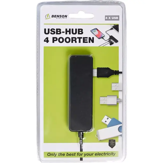 Benson USB-hub - 4 poorten - Compact ontwerp - 28 cm kabel - Zwart