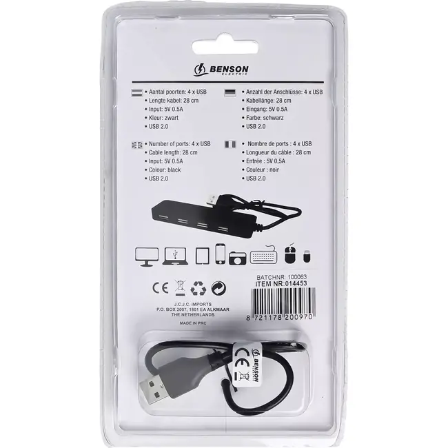 Benson USB-hub - 4 poorten - Compact ontwerp - 28 cm kabel - Zwart