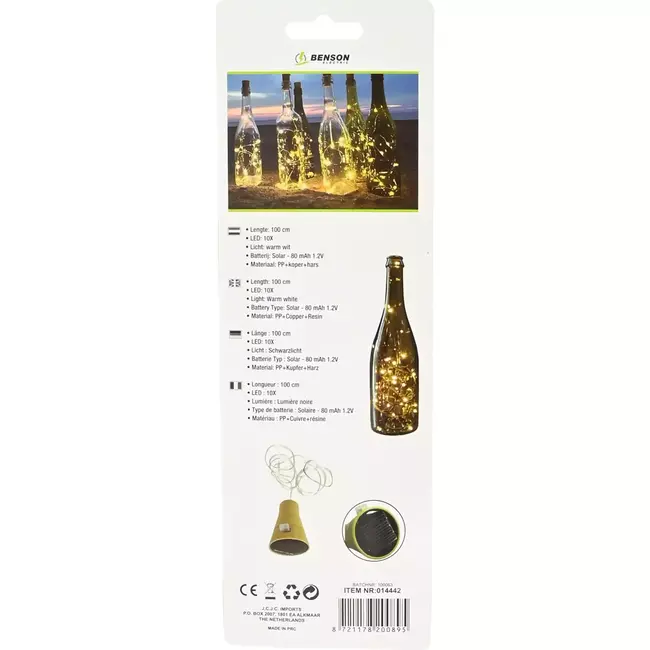 Benson Solar LED flesverlichting - Warm wit - 100 cm - 10 LEDs - Automatisch opladen