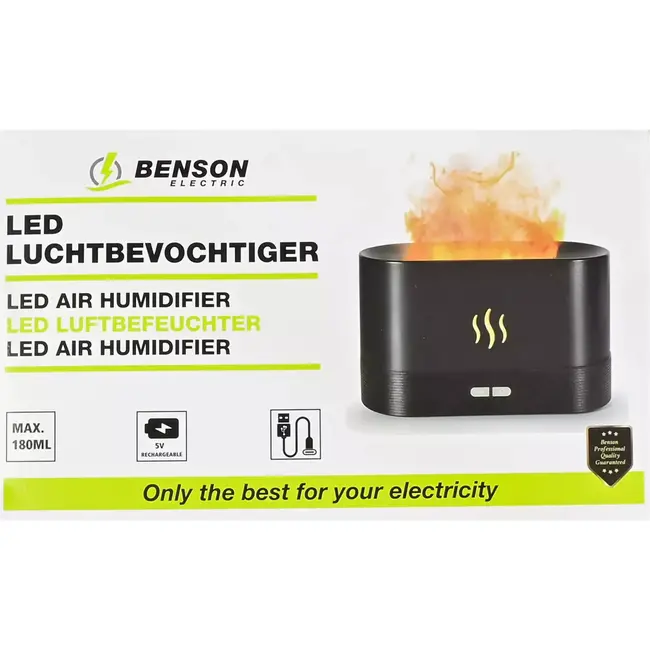 Benson LED luchtbevochtiger - Flame effect - 180 ml - USB Type-C - ABS materiaal