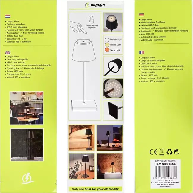 Benson Oplaadbare LED tafellamp - Dimbaar - 38 cm - Aluminium - USB-C - 4 uur werktijd