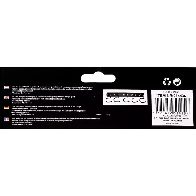 Benson Gereedschapshaken op rail - 5 stuks - Gegalvaniseerd en kunststof omkleed - Inclusief bevestigingsmateriaal - 43 cm