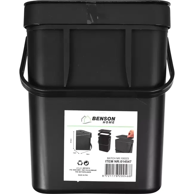Benson Compacte zwarte prullenbak - 3 liter - Ruimtebesparend ontwerp - Lichtgewicht - 16 x 13 x 20,5 cm
