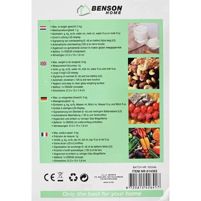 Benson Digitale keukenweegschaal - 5 kg - nauwkeurig en veelzijdig - glazen oppervlak