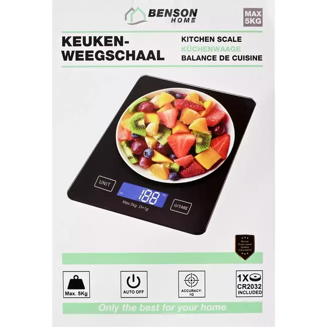 Benson Digitale keukenweegschaal - 5 kg - nauwkeurig en veelzijdig - glazen oppervlak