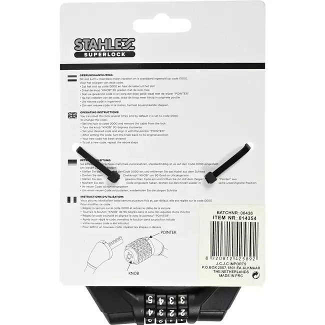 Benson Cijferslot met kabel - 10 mm dikte - 1200 mm lengte - instelbare code - duurzaam materiaal