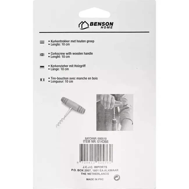 Benson Kurkentrekker met houten greep - Compact en multifunctioneel - 10 cm
