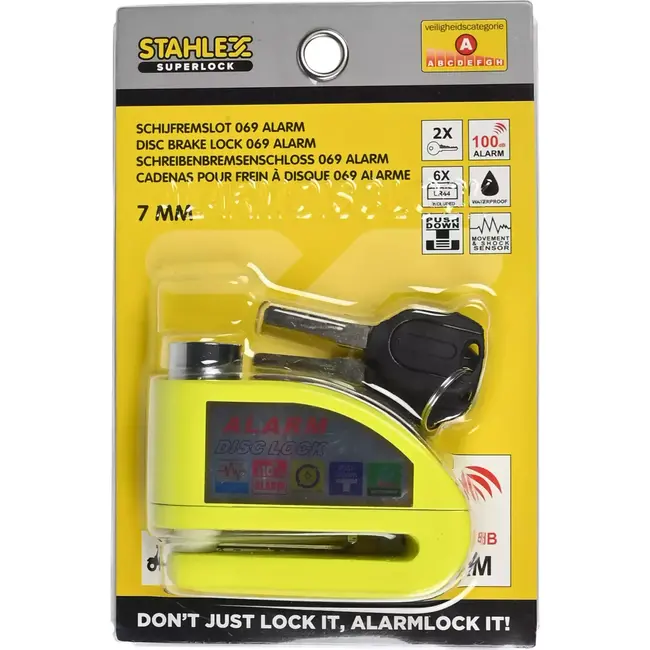 Benson Schijfremslot met Alarm - Gehard Metaal - Bewegingssensor - 7 mm - Geel