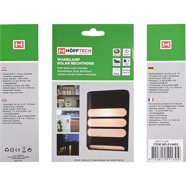 Hofftech Solar wandlamp rechthoek - warm wit licht - 11,3 x 4 x 15,8 cm - kunststof - met aan/uit knop