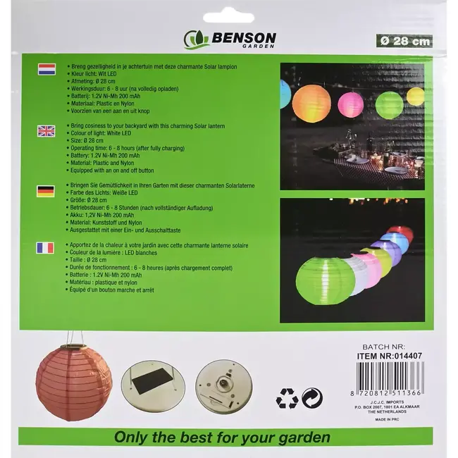 Benson Solar lampion - kleurrijke mix - Ø 28 cm - wit LED - tuinverlichting