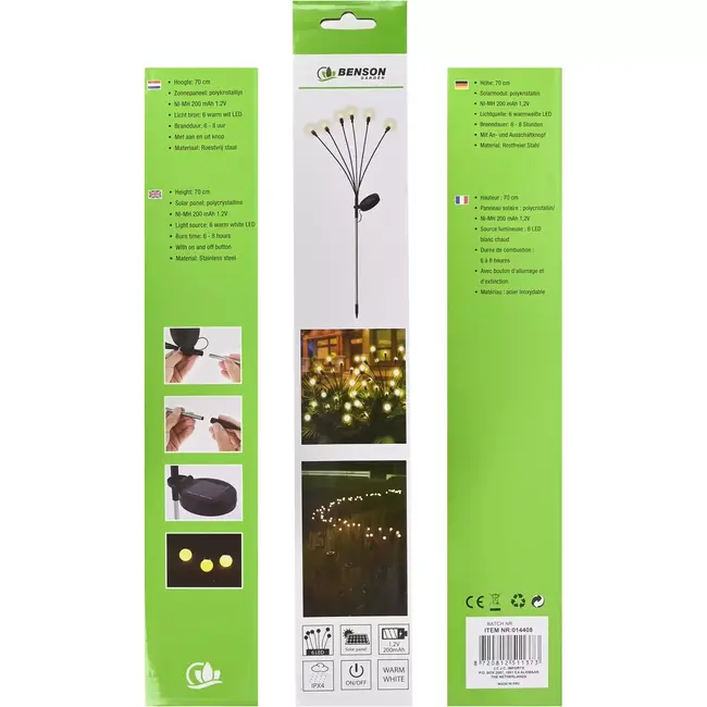 Benson Solar tuinlamp - 6 LED bollen - 70 cm - roestvrij staal - flexibele opstelling
