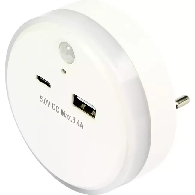 Benson Nachtlamp met USB-A/C, dag/nacht- en bewegingssensor, 3 modi, 17W, warm wit licht