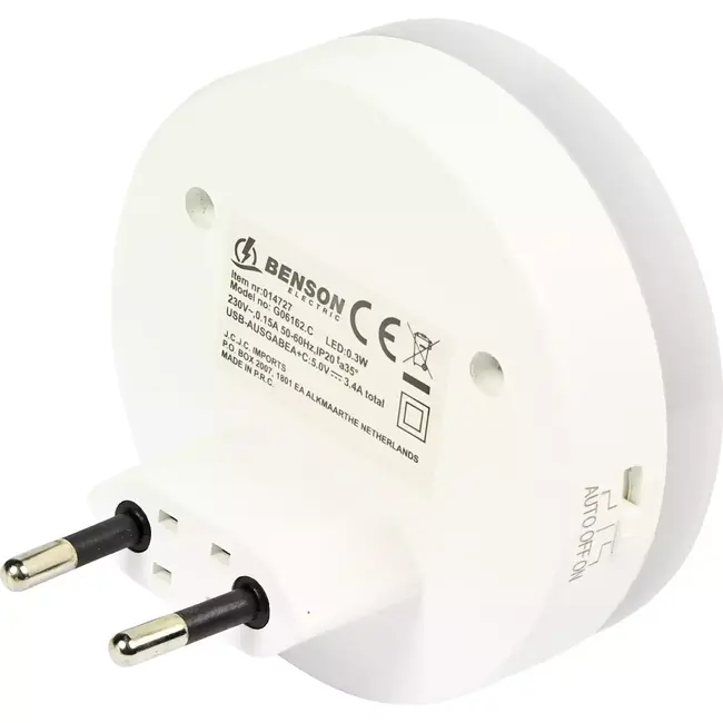 Benson Nachtlamp met USB-A/C, dag/nacht- en bewegingssensor, 3 modi, 17W, warm wit licht