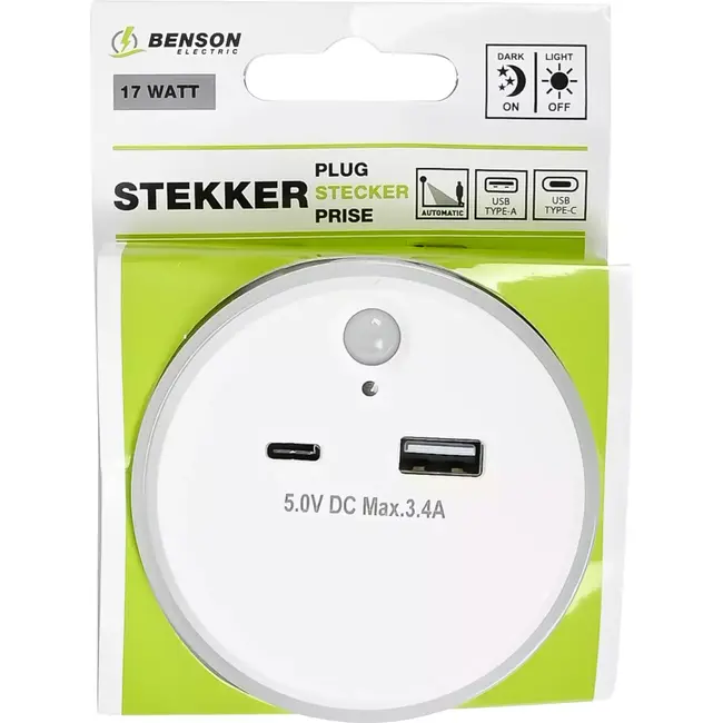Benson Nachtlamp met USB-A/C, dag/nacht- en bewegingssensor, 3 modi, 17W, warm wit licht