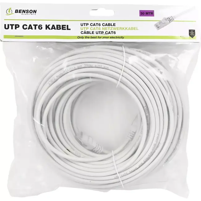 Benson UTP CAT6 kabel - 30 meter - Lichtgrijs - RJ45 - Tot 5 Gbps - CCA - PVC