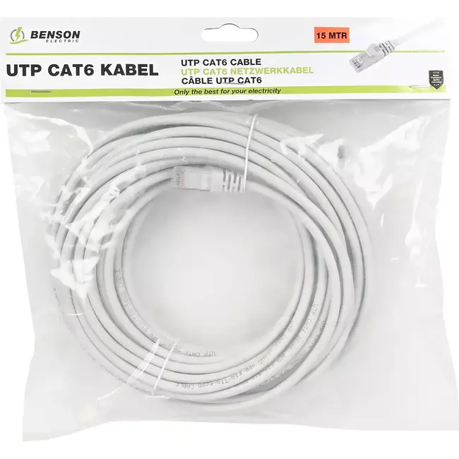 Benson UTP CAT6 kabel - 15 meter - lichtgrijs - RJ45 connectors - tot 5 Gbps - 250 MHz - CCA geleider